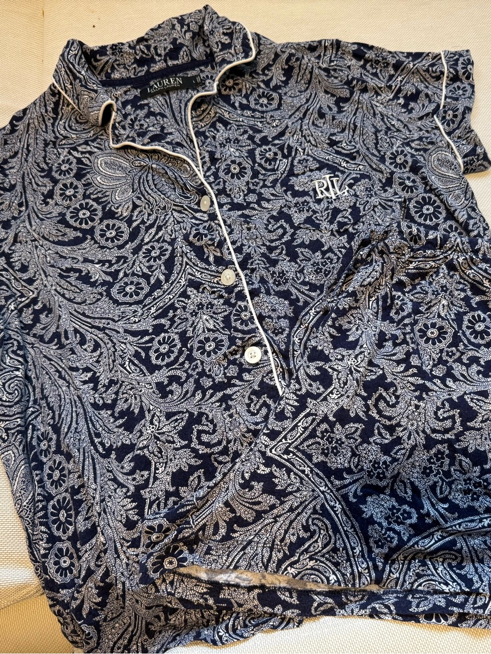 Ralph Lauren Navy and White Paisley Short-Sleeve Button-Down Shirt